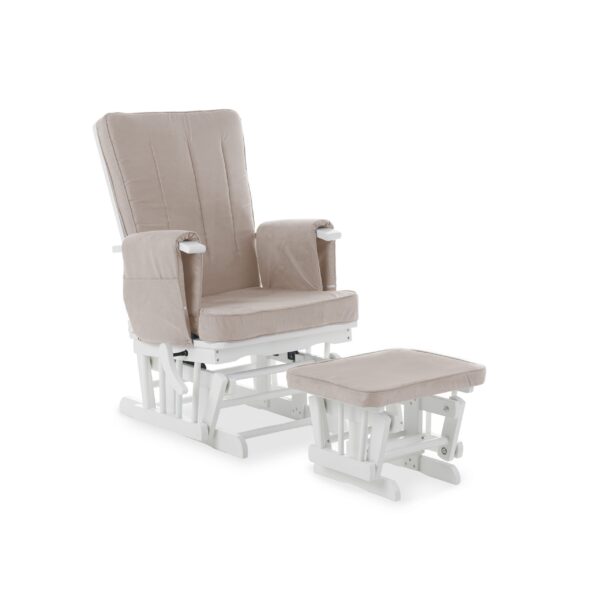 Obaby DELUXE RECLINING GLIDER CHAIR & STOOL WHITE / SAND CUSHION - EASTER OFFER